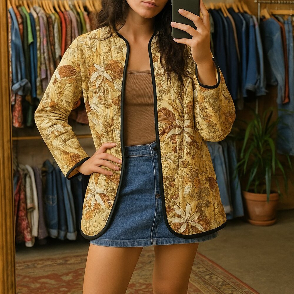 Vintage Koret Quilted Jacket Floral Botanical Coat Retro Cottagecore Boho S/M